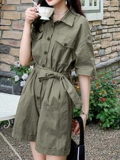 Solid Pocket Button Lapel Short Sleeve Wide Leg Cargo Romper -Zanzea Shop b0bf81c8 ffdd 4b4d a1a7 c026bd0e384c