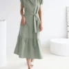 Solid Slit Pocket Lapel Short Sleeve Dress With Belt