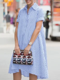 Women Gingham Plaid Lapel Half Button Short Sleeve Shirt Dress