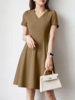 Solid A-line Short Sleeve V-neck Dress For Women -Zanzea Shop b1456d72 1aa5 40b3 9148 ad24da622d31