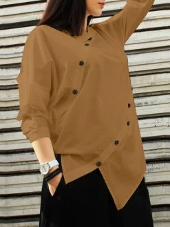 Women Irregular Button Design Solid Long Sleeve Shirt -Zanzea Shop b166c23f ed97 4f56 9773 89fb5458e6de