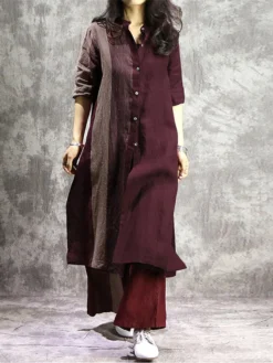 Gradient Striped Split Long Sleeve Cotton Plus Size Long Shirt