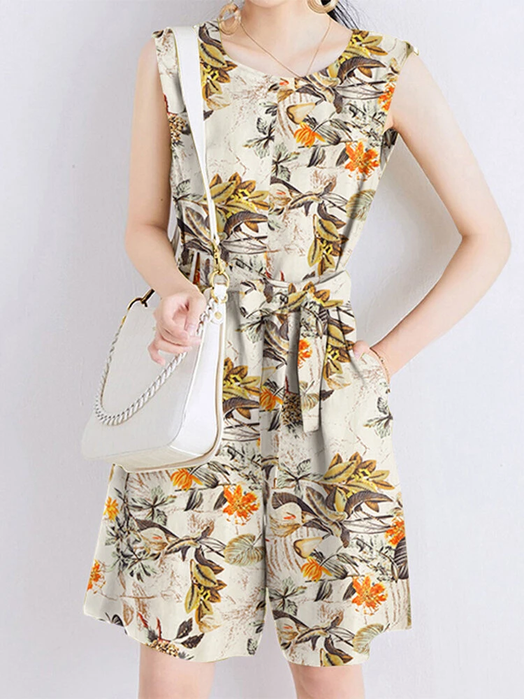 Random Flower Print Pocket Sleeveless Belt Wide Leg Romper 4 Random Flower Print Pocket Sleeveless Belt Wide Leg Romper - Image 4