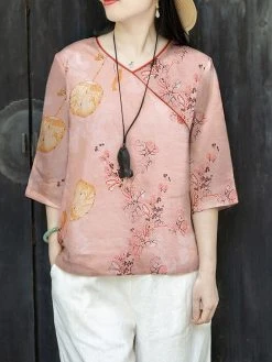 Women Plant Print Contrast Piped V-Neck 3/4 Sleeve Blouse -Zanzea Shop b1862fbe 4488 4123 8357 b64fd6e88747