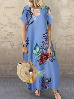 Casual Flowers Print Short Sleeve Plus Size Dress -Zanzea Shop b18b5f85 d0be 4283 905a f2312c48b78d