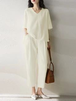 Women Solid Half V-neck Pocket Two Pieces Suit -Zanzea Shop b18bafc9 3da1 4f18 8add 9f01e901c0f6