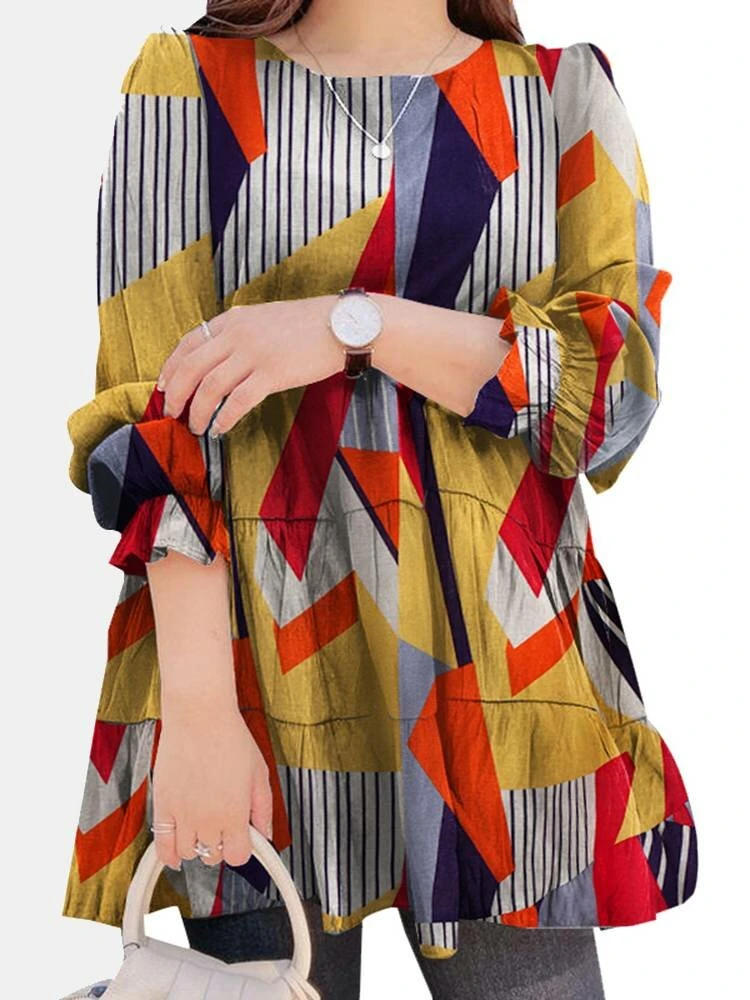 Geometry Print Long Sleeve O-neck Blouse For Women 2 Geometry Print Long Sleeve O-neck Blouse For Women - Image 2