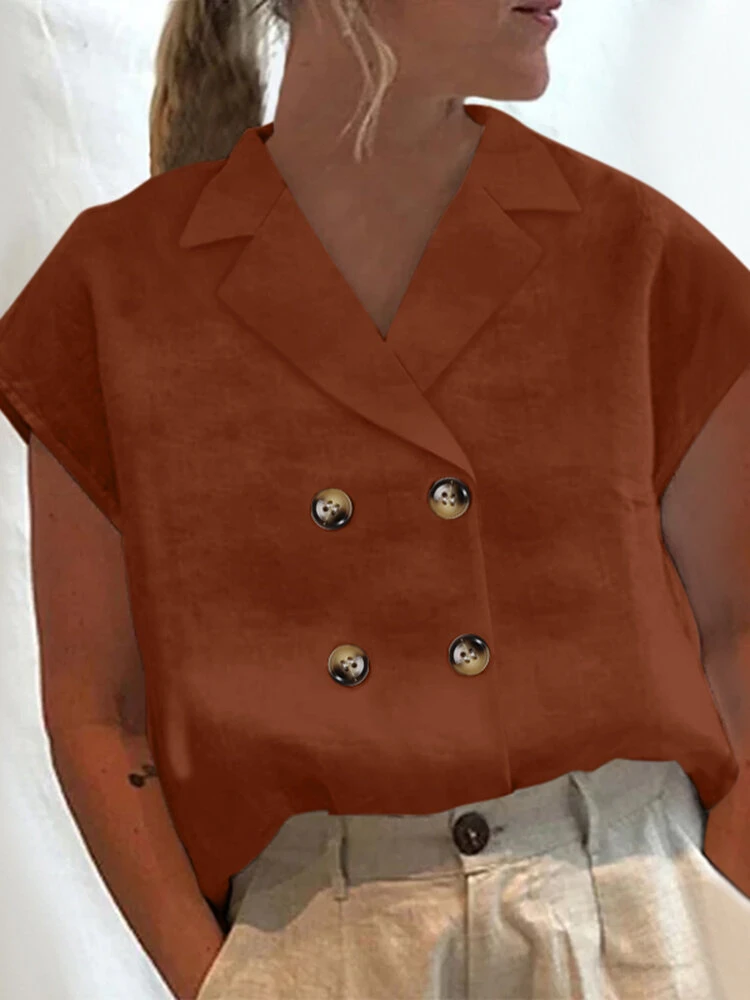 Women Solid Lapel Double Breasted Casual Sleeveless Shirt 4 Women Solid Lapel Double Breasted Casual Sleeveless Shirt - Image 4