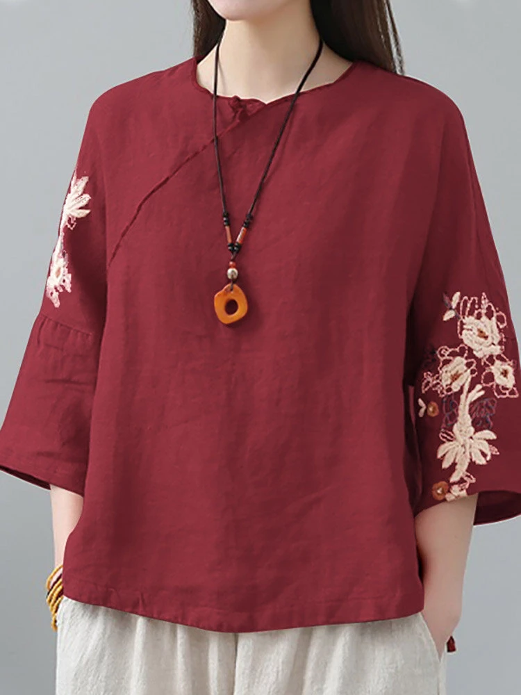 Flower Embroidery Frog Button Crew Neck 3/4 Sleeve Blouse 6 Flower Embroidery Frog Button Crew Neck 3/4 Sleeve Blouse - Image 6