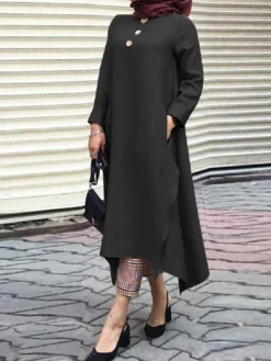 Asymmetrical Solid Color Long Sleeve Plus Size Dress With Pockets -Zanzea Shop b1d599a7 be34 45e1 8f34 c88e79002f3c