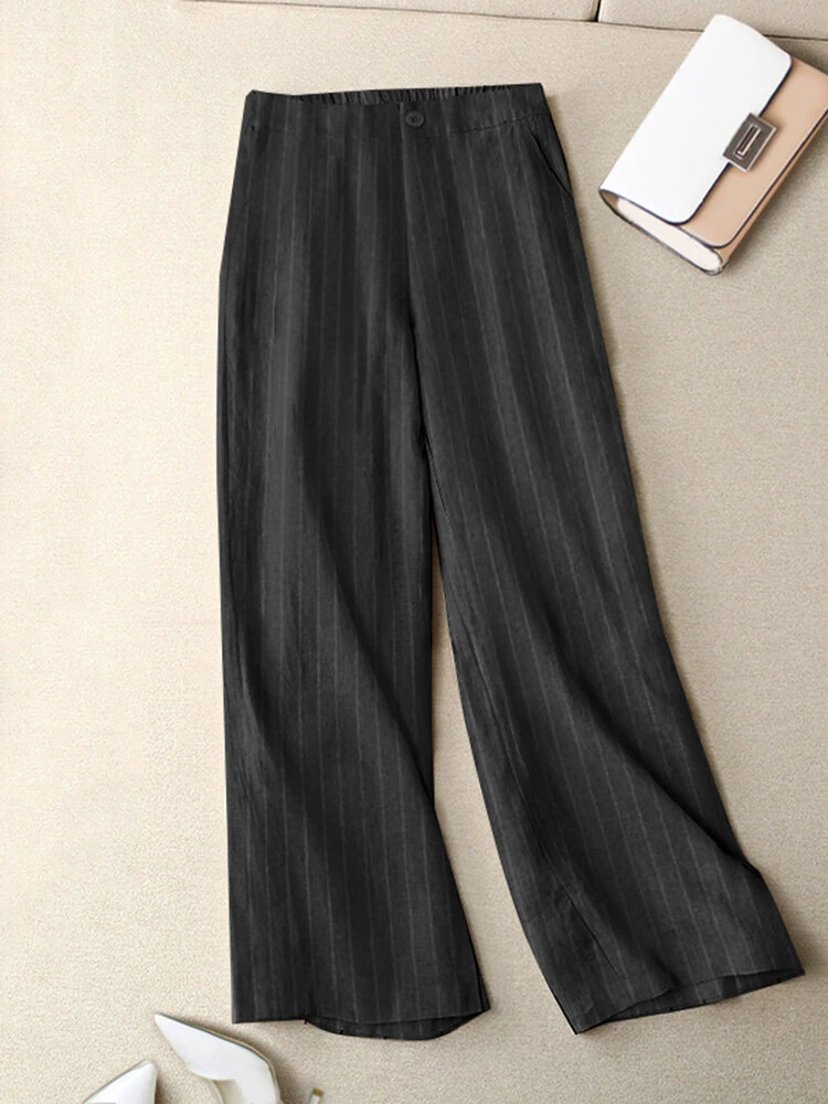 Women Vertical Striped Casual Straight Pants With Pocket 2 Women Vertical Striped Casual Straight Pants With Pocket - Image 2