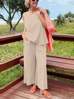 Women Solid Crew Neck Sleeveless Wide Leg Pants Co-ords -Zanzea Shop b223a119 7da9 466d 9b25 1d0fed8de055