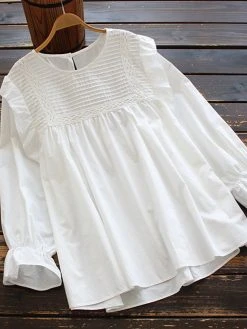 Solid Ruffle Crew Neck Long Sleeve Blouse