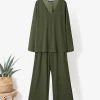 Solid Pocket Loose Long Sleeve V-neck Two Pieces Suit