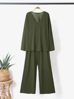 Solid Pocket Loose Long Sleeve V-neck Two Pieces Suit