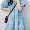 Puff Sleeve Square Collar A-line Solid Casual Dress