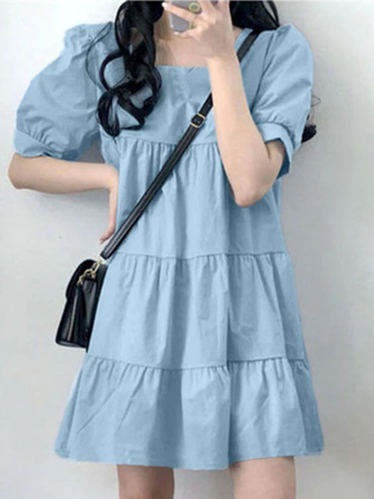 Puff Sleeve Square Collar A-line Solid Casual Dress 1 Puff Sleeve Square Collar A-line Solid Casual Dress