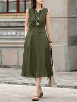 Solid Sleeveless Pocket Crew Neck Casual Dress -Zanzea Shop b2b7ad58 6c02 48d6 ad71 a466cccb08be