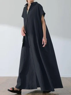 Women Solid Lapel Button Front Short Sleeve Maxi Shirt Dress -Zanzea Shop b2bf5e88 b0d6 4409 8a97 1fd2c75aa5b7