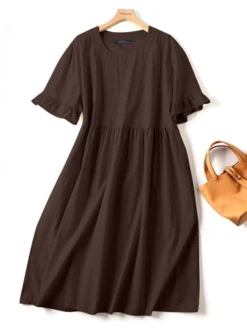 Solid Ruffle Short Sleeve Pocket Crew Neck Casual Dress -Zanzea Shop b315ca83 deb2 482f 872c 529e9a112a7a