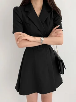Solid Lapel Short Sleeve A-line Dress For Women -Zanzea Shop b3401778 40e4 421e 88c8 9be8750e1b0a