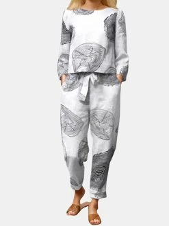 Vintage Printed Cotton Elastic Waist Two-piece Set Suit