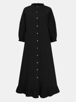 Solid Color Button Ruffled Neck Hem Long Sleeve Casual Dress For Women -Zanzea Shop b3b93bc6 be55 4161 944a 569906082069