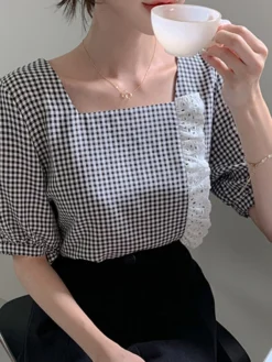 Check Print Lace Panel Short Sleeve Square Collar Blouse -Zanzea Shop b3bea292 799e 4bd3 b178 865c3e969c15