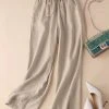 Women Solid Drawstring Waist Cotton Casual Straight Pants