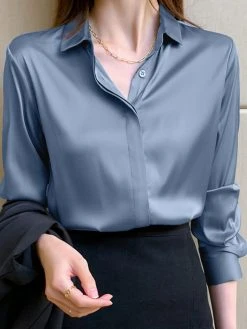 Solid Satin Button Lapel Long Sleeve Shirt