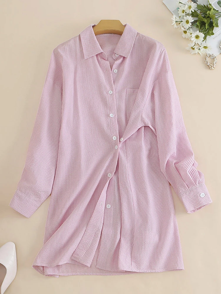 Stripe Long Sleeve Pocket Button Front Lapel Loose Shirt 9 Stripe Long Sleeve Pocket Button Front Lapel Loose Shirt - Image 9
