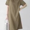 Women Solid Peter Pan Collar Short Sleeve Dress