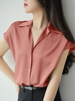 Solid Satin Button Lapel Short Sleeve Women Shirt -Zanzea Shop b465aa79 0f92 40b9 85db f93c48f550fc
