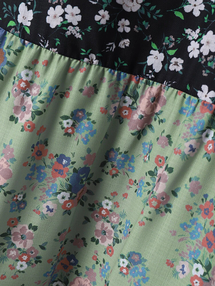 Women Ditsy Floral Print Color Block Patchwork Sleeveless Dress 4 Women Ditsy Floral Print Color Block Patchwork Sleeveless Dress - Image 4