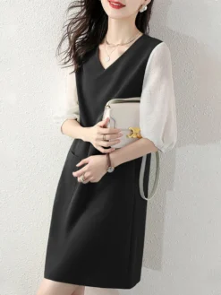 Contrast Dual Pocket 3/4 Sleeve V-neck Casual Dress -Zanzea Shop b49b0b00 532f 423b 9316 e8b1be90ef3a