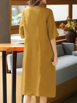 Solid Dual Pocket Half Sleeve Crew Neck Midi Dress -Zanzea Shop b4a1ffb5 843e 484a afc3 b83f29deca61