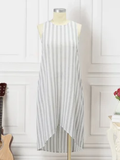 Women Striped Crew Neck High-Low Hem Sleeveless Dress -Zanzea Shop b4a5d51e c3a0 48b9 a913 be10a0c86f8d