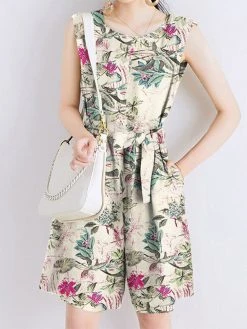Random Flower Print Pocket Sleeveless Belt Wide Leg Romper