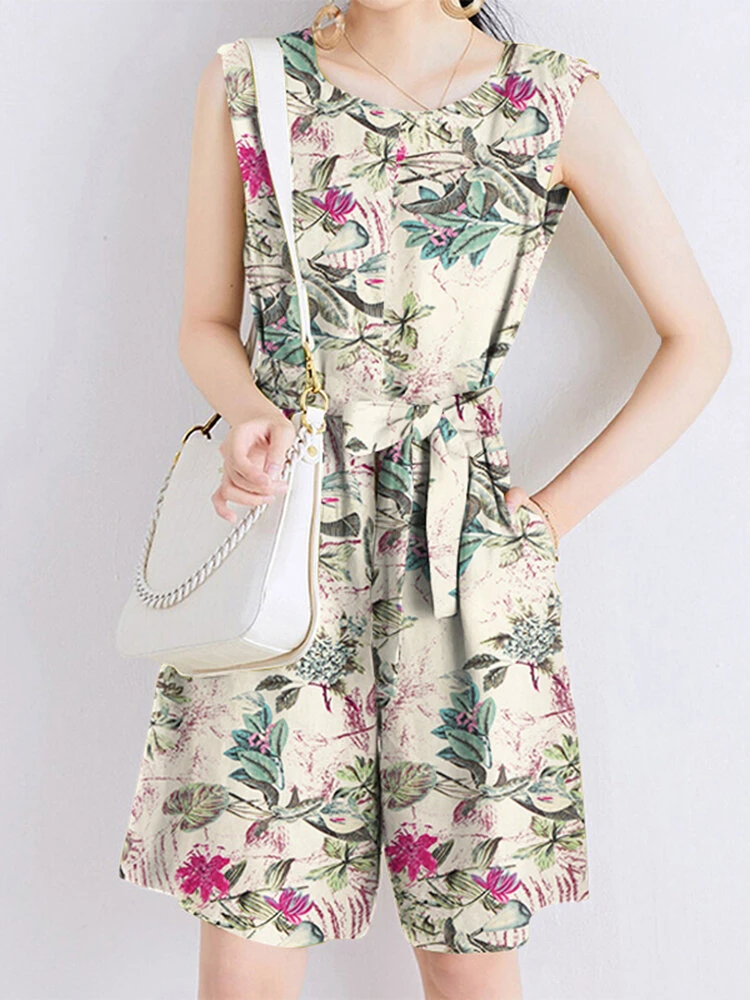 Random Flower Print Pocket Sleeveless Belt Wide Leg Romper 1 Random Flower Print Pocket Sleeveless Belt Wide Leg Romper