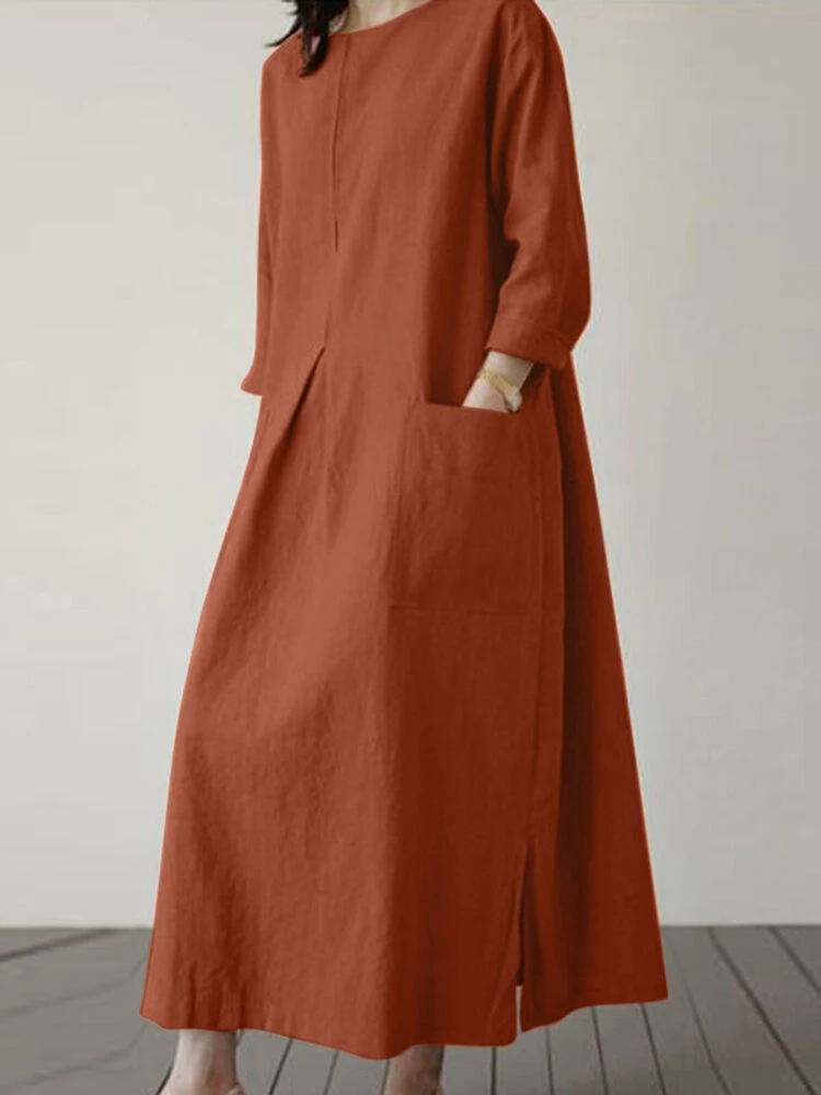 Solid Dual Pocket Slit Hem Crew Neck Vintage Dress 11 Solid Dual Pocket Slit Hem Crew Neck Vintage Dress - Image 11