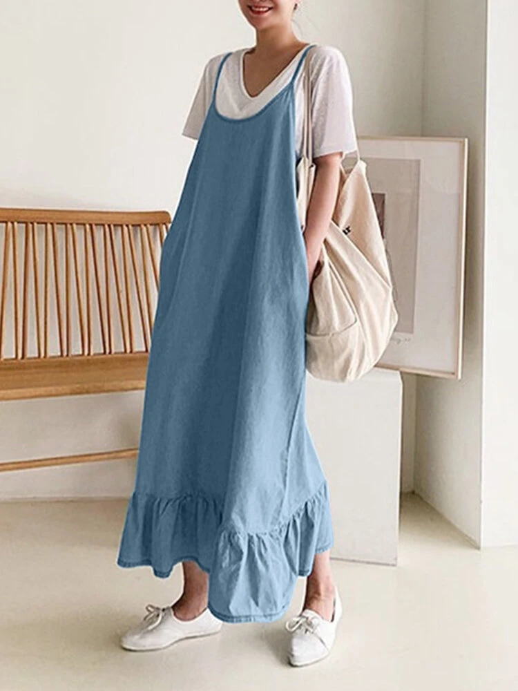 Solid Ruffle Hem Sleeveless Strap Denim Maxi Dress 3 Solid Ruffle Hem Sleeveless Strap Denim Maxi Dress - Image 3