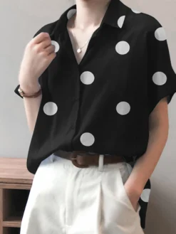 Dot Print Slit Hem Button Roll Sleeve Lapel Shirt -Zanzea Shop b524224e 0664 4854 ae86 b370b1347ec6