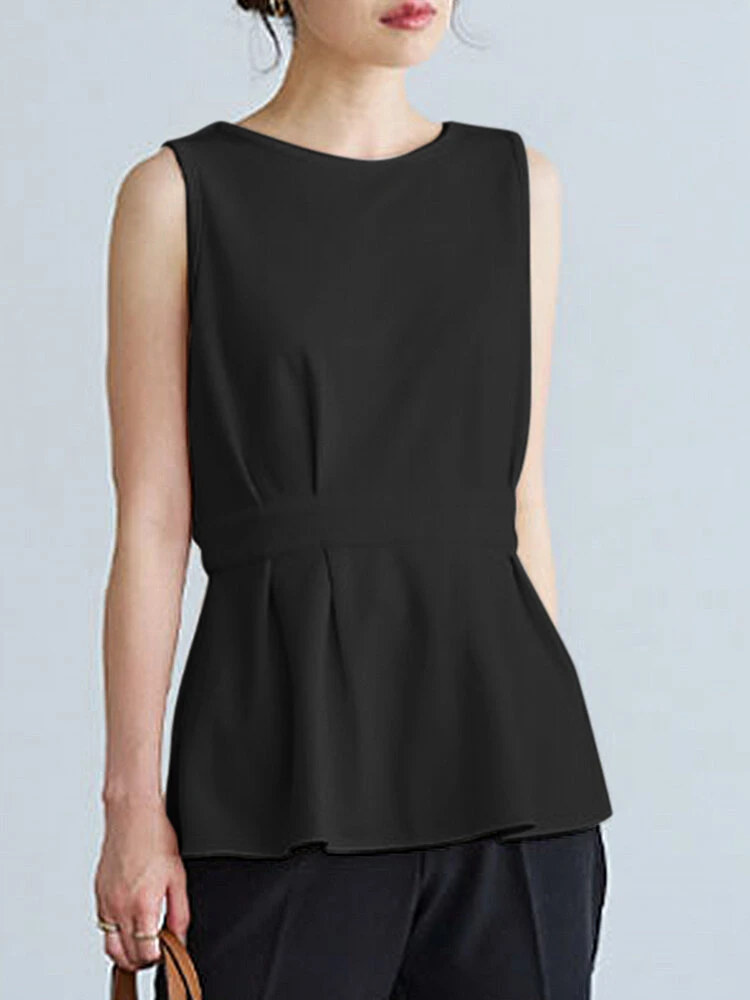 Women Solid Crew Neck Pleated Waist Sleeveless Tank Top 6 Women Solid Crew Neck Pleated Waist Sleeveless Tank Top - Image 6