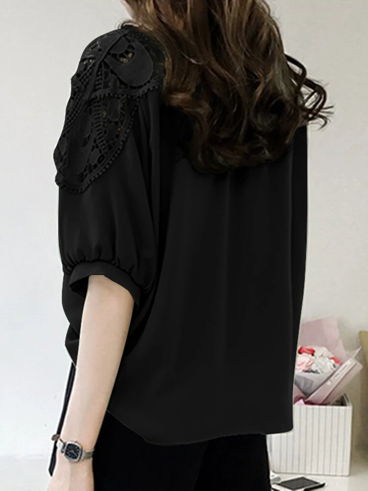 Women Hollow Stitch Half Sleeve Crew Neck Blouse 10 Women Hollow Stitch Half Sleeve Crew Neck Blouse - Image 10