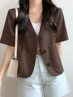 Solid Button Front Pocket Short Sleeve Lapel Blazer -Zanzea Shop b539cca7 7249 483e 9b0b 41a7e24ae34d