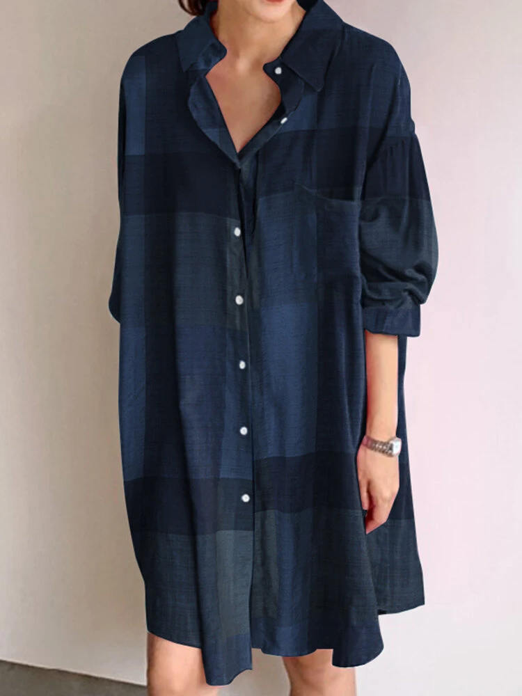 Plaid Color Block Pocket Front Long Shirt Dress 3 Plaid Color Block Pocket Front Long Shirt Dress - Image 3