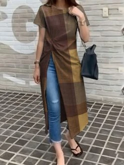 Plaid Split Twist Round Neck Short Sleeve Casual T-Shirt -Zanzea Shop b5b98802 3d1c 4b97 86a6 14b88da10788