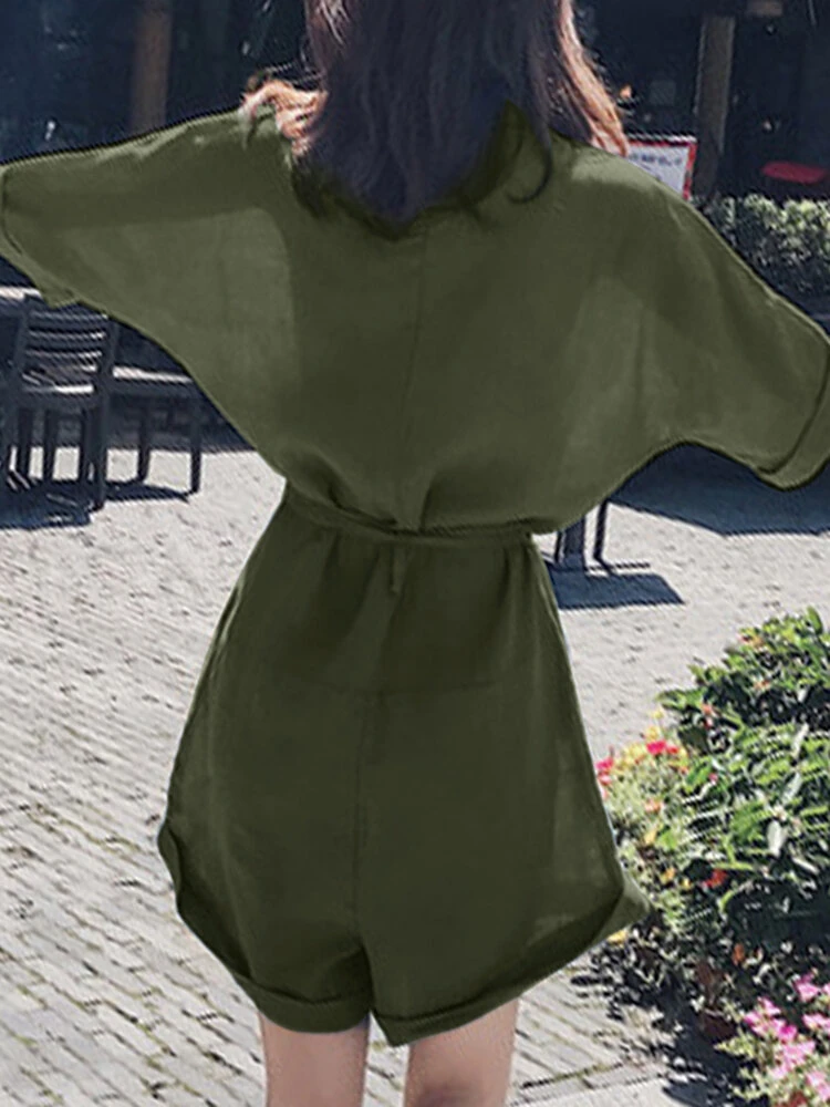 Solid Pocket Lapel Belt Button Front Short Sleeve Romper 2 Solid Pocket Lapel Belt Button Front Short Sleeve Romper - Image 2