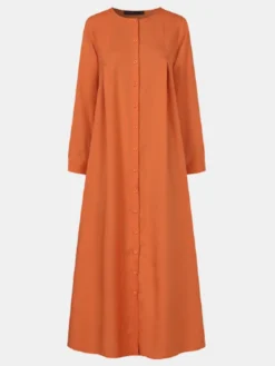 Solid Color O-neck Long Sleeve Plus Size Button Long Dress For Women