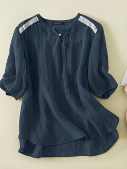 Lace Panel 3/4 Sleeve Crew Neck Casual Blouse -Zanzea Shop b5d36060 7adf 41d2 8a71 3233b732626b